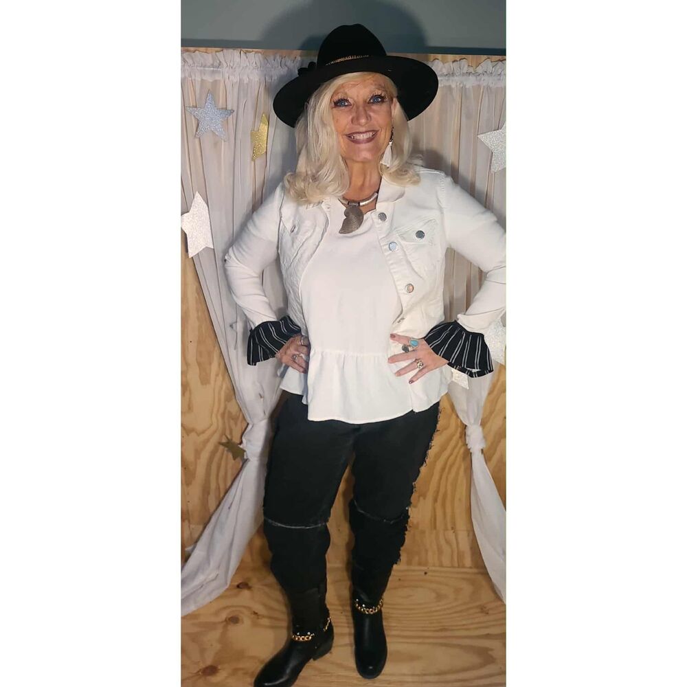 Feelin Groovy Upcycled White and Black Jacket Small
